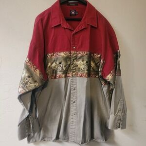 Panhandle Slim Red Gray Gold Shirt Size XXL Western Rodeo Bull Skull Pearl‎ Snap